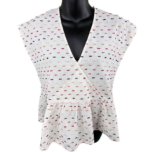 Madewell Peplum Crossover Short Sleeve Ivory Top Rainbow Clipdot Women’s S NWT - Picture 1 of 10